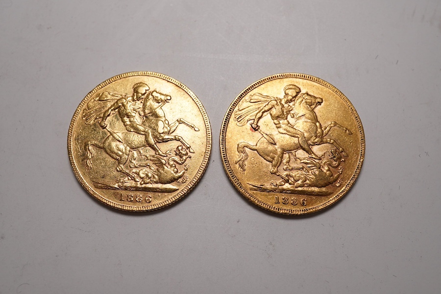 Australia gold coins, Victoria, two gold sovereigns, both 1886M, and both VF